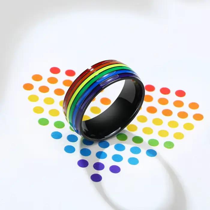 Bague en acier inoxydable pour femmes et couples, thème LGBT, motif drapeau, promesse d'amour, fiançailles