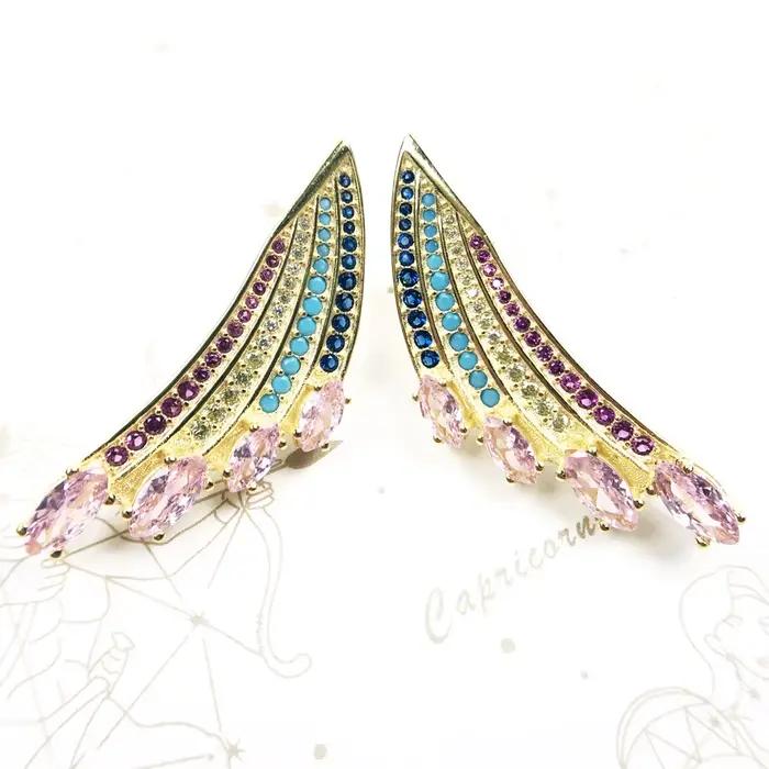 Boucles d'oreilles plaquées or, ailes colorées, bijoux fins européens pour femmes, été, bohème, arc-en-ciel, argent sterling 925, cadeau