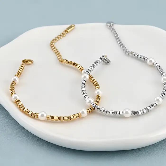 AENINE – Bracelet élégant en perles d'imitation faites à la main pour femmes, couleur or rétro, chaîne en acier inoxydable, bijoux de fête B26037