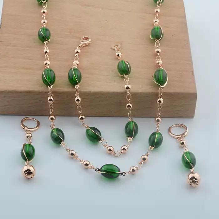 Femmes dames 585 couleur or Rose marron vert perle Bracelet collier boucles d'oreilles ensemble bijoux