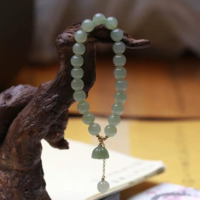 Pendentif Lotus en perles rondes pour femmes, avec breloque Simple, Bracelet en Jade Hetian, anneau unique de 8mm, mode petite amie, cadeau DIY, vente en gros