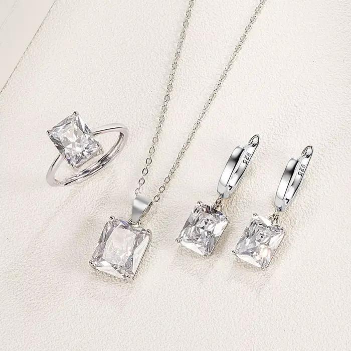 Ensemble de bijoux élégants en argent Sterling 925, bague, boucles d'oreilles, collier pour femmes, géométrie rectangulaire, Zircon, accessoires de mariage