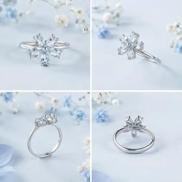 Bague Fleur Topaze Bleue Ciel ITSMOS, Pierre Précieuse Taille Marquise, Grappe Florale Empilable, Bijou Élégant Pastel d'Été pour Femme