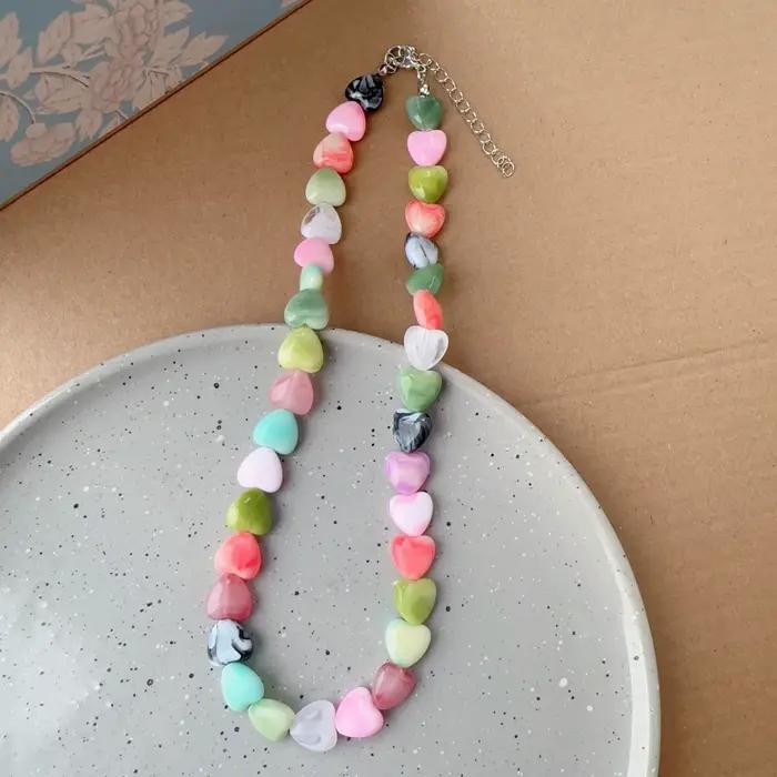 Y2K Harajuku – collier ras du cou en résine acrylique colorée pour femmes, pendentif en perles, cœur, doux, esthétique, breloque, accessoires bijoux gothiques