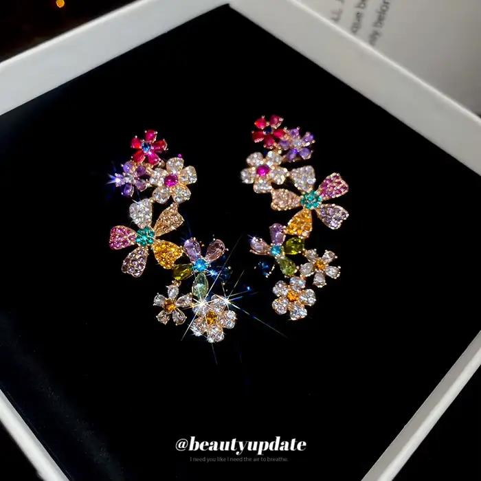 Boucles d'oreilles en Zircon exquises pour femmes, clips d'oreilles à fleurs en strass colorés, sans trous dans les oreilles, cadeau pour fête de mariage