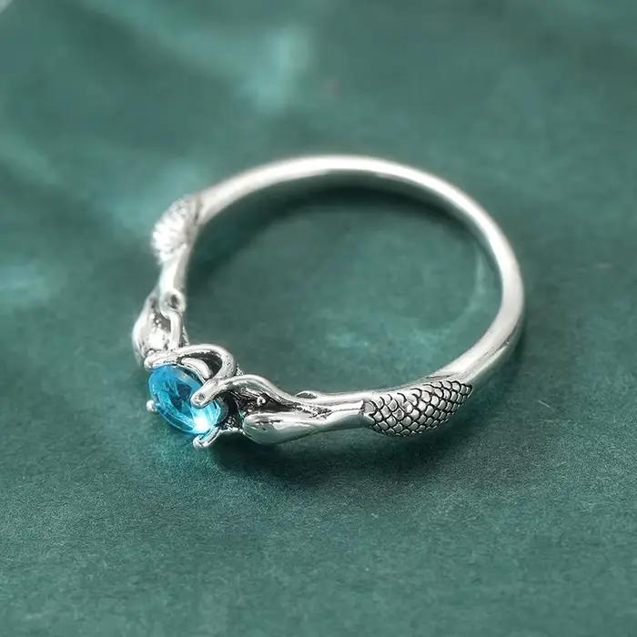 Bague vintage délicate sculptée en zircone synthétique bleue argentée, design élégant et chic pour femme, accessoires de bijoux pour banquets et anniversaires