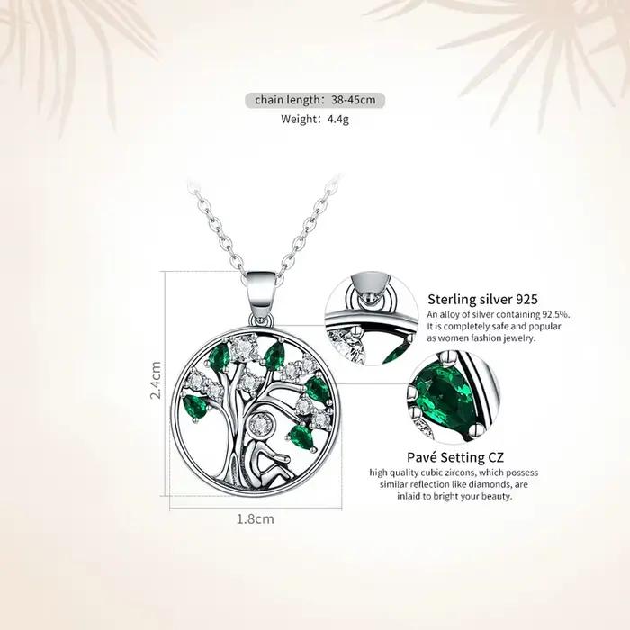 WOSTU Collier Arbre de Vie en argent sterling 925 véritable, pendentif rond en zircone cubique verte, bijoux Arbre de Famille, cadeau pour elle