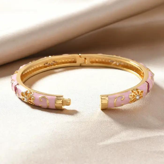 Bracelet manchette de luxe style ethnique doré avec fleurs émaillées multicolores et zircons pour femme, bijou bohème, cadeau de mariée
