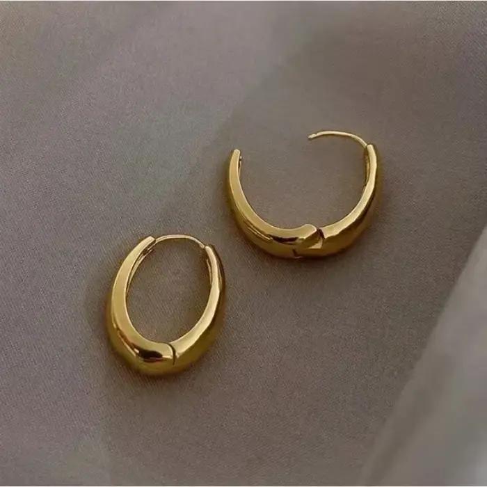 Boucles d'oreilles créoles ovales minimalistes pour femmes, géométrie en métal, document doré, cadeau de bijoux féminins, nouveau design, tendance de la mode