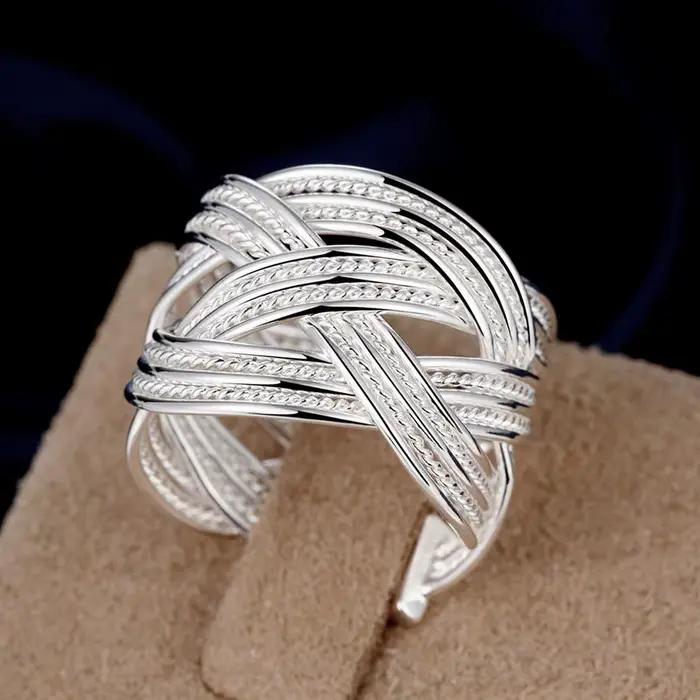 Ensemble de bijoux en argent sterling 925 pour femme, comprenant des bagues, des bracelets et un bracelet large tressé réglable, idéal pour les fêtes et comme cadeau tendance