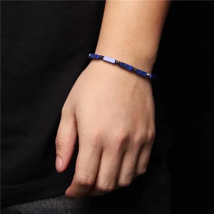 Bracelets de perles rectangulaires d'agates indiennes naturelles pour femmes et hommes, améthystes, corde tressée à la main, bijoux réglables
