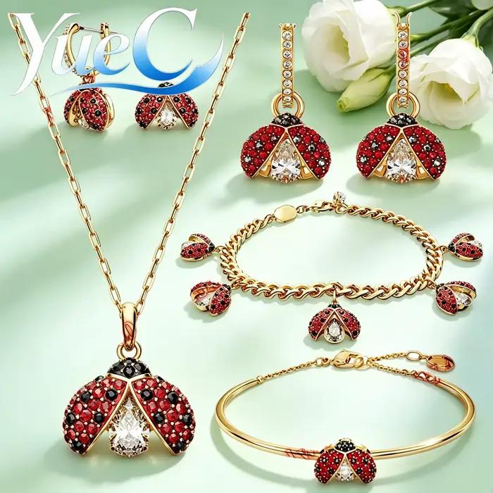 Parure de bijoux 2026 YueC Coccinelle Mignonne en Zircon Cubique, Collier, Boucles d'oreilles, Bracelet, Mode Luxe Léger