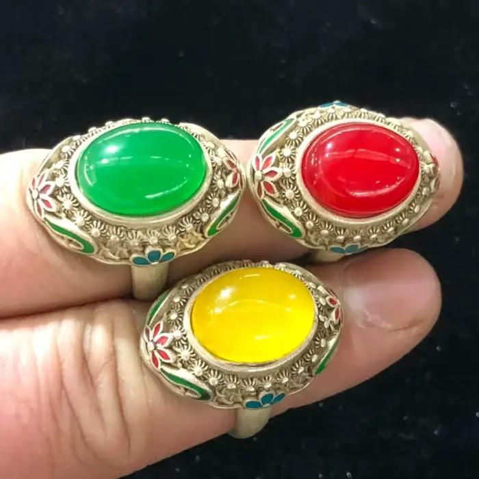 Bague sculptée cloisonné style Qianlong antique, bijou vintage rétro artisanal