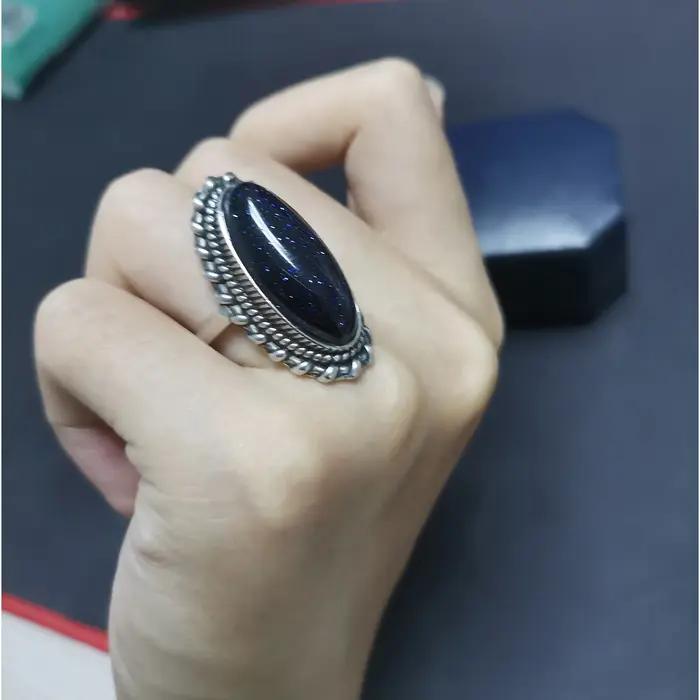 Bague rétro en argent, bijoux Vintage en pierre de grès bleue, grande pierre de luxe élégante, cadeau fin pour femmes et hommes