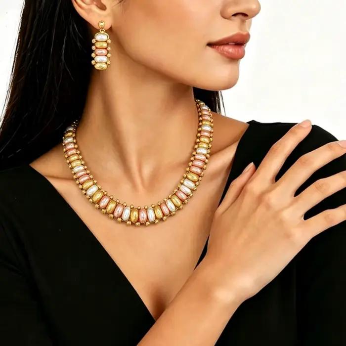 Ensemble de bijoux GZJPEI Boho pour femmes, trois couleurs, perles dorées, bijoux de mariée africains, collier, boucles d'oreilles, bracelet, bague, bijoux Dubaï Brésil