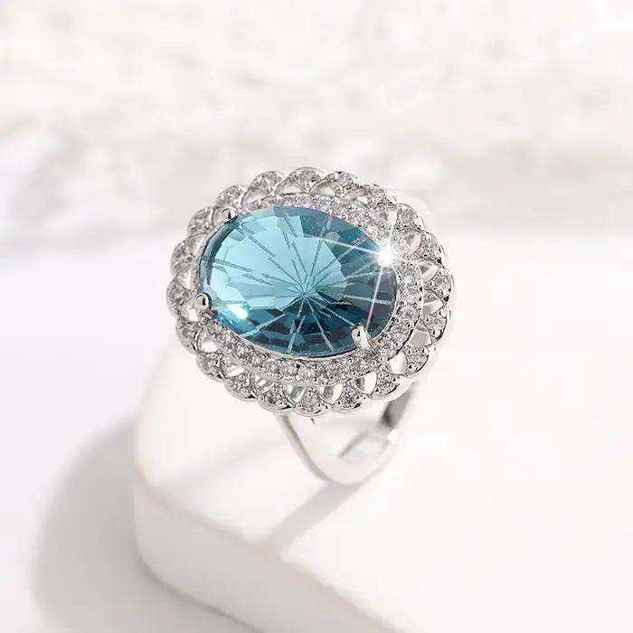 Bague Haute Couture pour femme, plaquée argent 925, Topaze bleue naturelle, bijoux de fête, cadeau