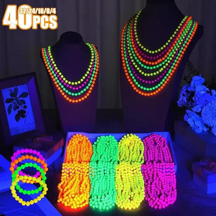 Nouvel ensemble collier et bracelet néon fluorescent, breloques, pour fête sous lumière noire, cadeaux pour enfants, décoration d'anniversaire lumineuse, accessoire photo