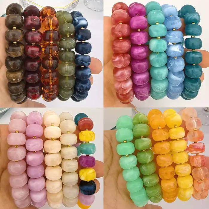 Bracelet élastique rond en résine pour femme, couleur or, perles baril PVD, grand acier inoxydable, étanche, fait main, DIY, bleu beige
