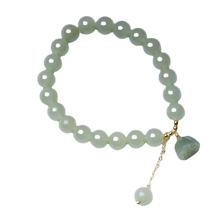 Pendentif Lotus en perles rondes pour femmes, avec breloque Simple, Bracelet en Jade Hetian, anneau unique de 8mm, mode petite amie, cadeau DIY, vente en gros