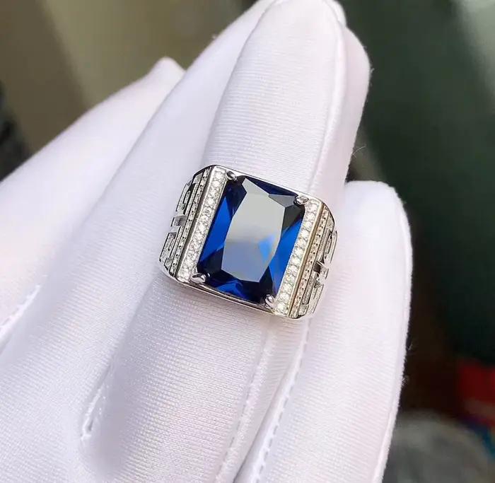 Bague en argent regardé 925 avec saphir bleu royal pour homme, pierre précieuse exquise, rectangle 215, bonne coupe, cadeau d'anniversaire, grande taille