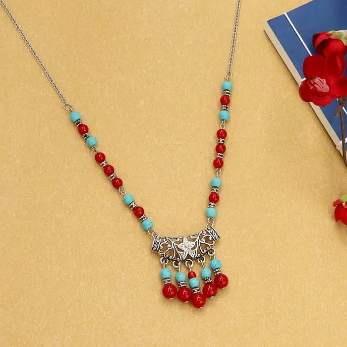 Colliers tibétains en alliage de fleurs avec pompon pour femmes, bijoux ethniques vintage, pendentifs de la présidence, documents en argent, turquoises gitanes rouges et vertes