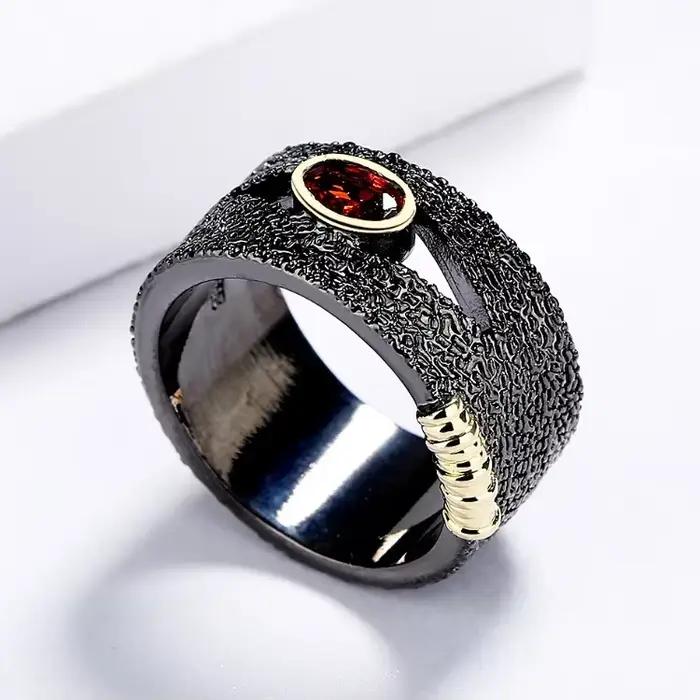 Ensemble de bijoux en argent 925 pour femme, bague exagérée géométrique rétro, collier, boucles d'oreilles asymétriques, or noir, ensemble de 3 pièces