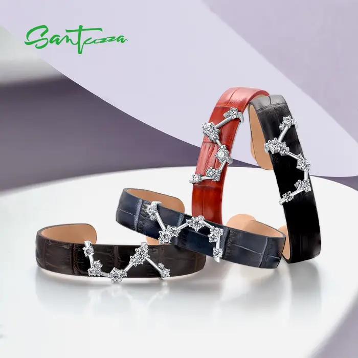 Bracelet en argent sterling 925 et cuir véritable ajustable pour femmes, bracelet constellation zirconium rouge noir bleu marron occassionnels elegance
