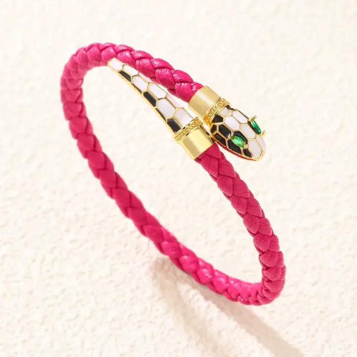 Bracelet serpent femme tête de serpent yeux verts Bracelets pour femme à la mode véritable Bracelet en cuir tressé bijoux de mode cadeau