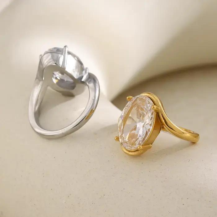 Bague ovale en acier inoxydable plaqué or avec cristal, grande bague solitaire pour femme, bijoux de mode