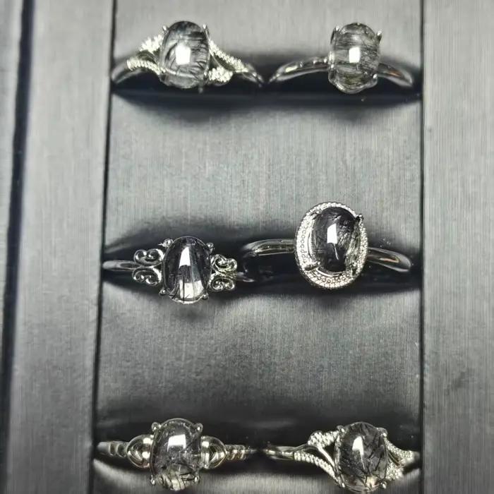 Vente en gros de quartz rutilé noir naturel ovale, divers types, design de bague tendance et polyvalent, simple et élégant, cadeau idéal