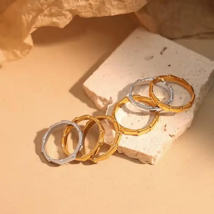 Bague en forme de bambou en acier inoxydable, plaqué or 18 carats, étanche, ne ternit pas, anneau empilable pour femmes