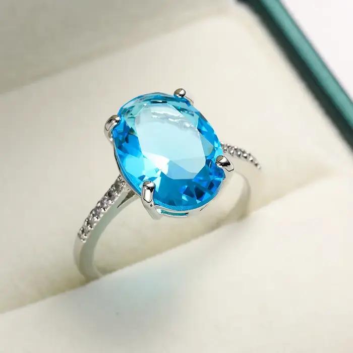 Bague Solitaire en cristal de luxe pour femmes, en argent Sterling 925, ovale bleu, Zircon, bague de mariage, promesse, bagues de fiançailles pour femmes, Bijoux