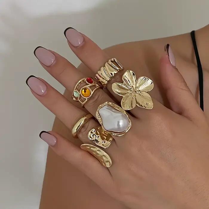 Ingemark 2025 nouveau irrégulier exagéré métal fleur anneaux ouverts femmes élégant Baroque Imitation perle anneau bijoux accessoires