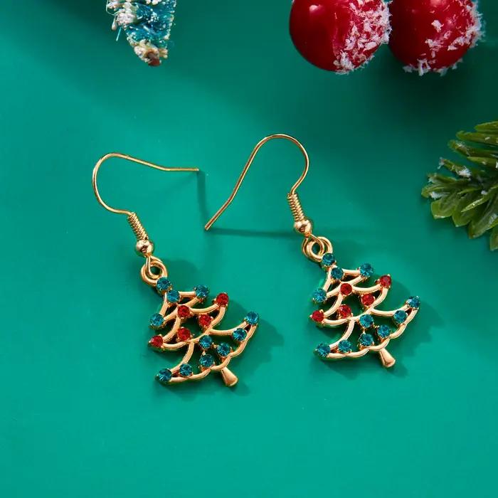 Boucles d'oreilles de Noël tendance et mignonnes pour femmes, avec strass colorés brillants, motif sapin de Noël, nœud et couronne, bijoux de fête du Nouvel An