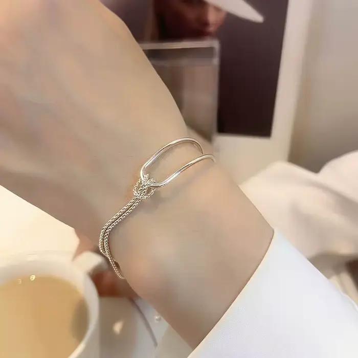 Bracelet double couche en argent sterling 925 pour femmes et filles, élégant, avec nœud irrégulier, design minimaliste, bijoux de fête, cadeaux