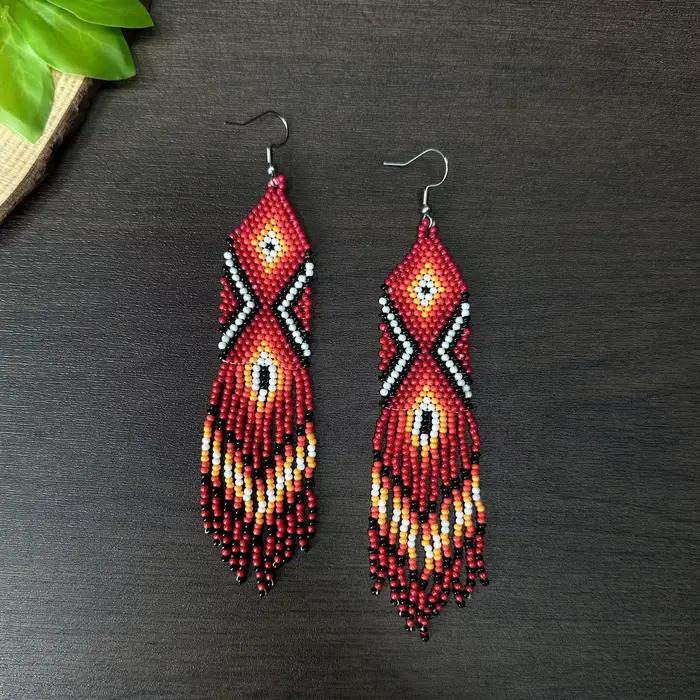 Boucles d'oreilles à perles de verre faites à la main, longues franges perlées, colorées, style ethnique, bijoux vintage, boucles d'oreilles de festival