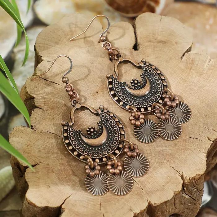 Boucles d'oreilles pendantes vintage bohèmes géométriques marron pour femme, bijoux ethniques tendance avec fleurs et pampilles en forme de goutte d'eau