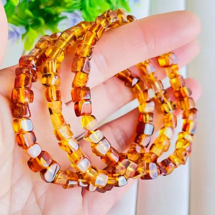 Bracelet en ambre naturel pour femmes, pierres précieuses de guérison, bijoux fins, véritable ambre baltique, fleur, perles carrées