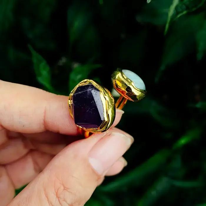 YYGEM-Bague en Pierres Précieuses Naturelles, 16x19mm, Vert, Amloggite Violet, Alanding Yst, Faite à la Main
