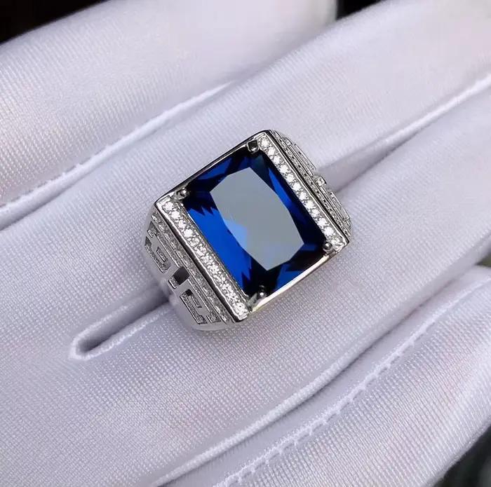 Bague en argent regardé 925 avec saphir bleu royal pour homme, pierre précieuse exquise, rectangle 215, bonne coupe, cadeau d'anniversaire, grande taille
