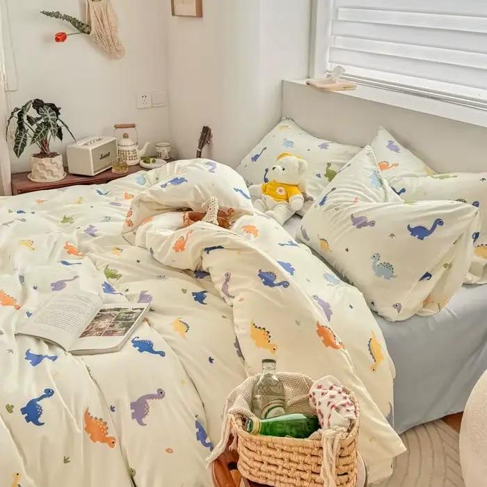 Parures de lit dinosaures pour enfants filles et garçons 2025 – Nouvel ensemble de draps pour lit simple, housse de couette et taie d'oreiller à motif dessin animé (sans garnissage)