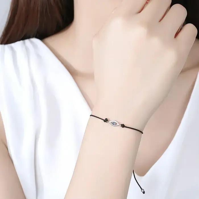 Bracelet KALETINE Evil Eye en argent sterling 925 pur pour femmes, avec CZ bleu, bijoux turcs pour hommes, chaîne en corde noire réglable