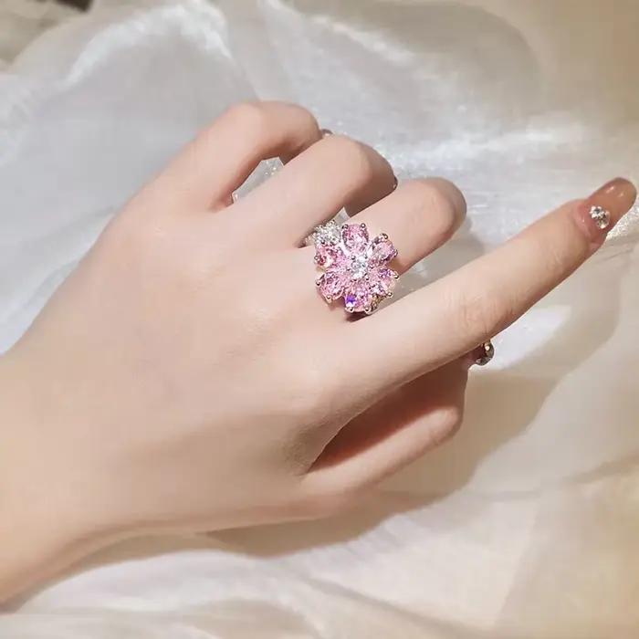 Bague en argent 925 pour femmes, Zircon coloré exquis, à la mode, fleurs roses, bague de fiançailles, bijoux de fête, pêche