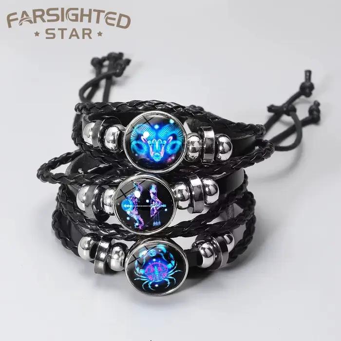 Bracelet Lumineux Signes du Zodiaque 12 Constellations Homme Femme Vintage Multicouche en Cuir Enroulé Cadeau Pulsera Hombre