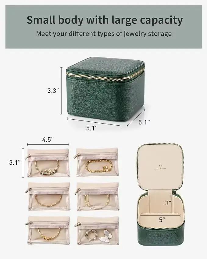 Boîtes à bijoux en cuir durables avec 6 poches zippées en velours, boîte de voyage simple, rangement pour boucles d'oreilles, collier, bague