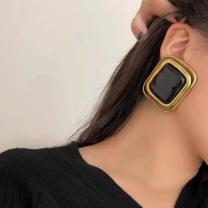 Boucles d'oreilles rectangulaires en or noir pour femmes, romantiques français, Vintage, en métal délavé, accessoire exagéré, cadeau