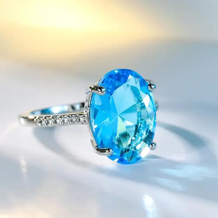 Bague Solitaire en cristal de luxe pour femmes, en argent Sterling 925, ovale bleu, Zircon, bague de mariage, promesse, bagues de fiançailles pour femmes, Bijoux