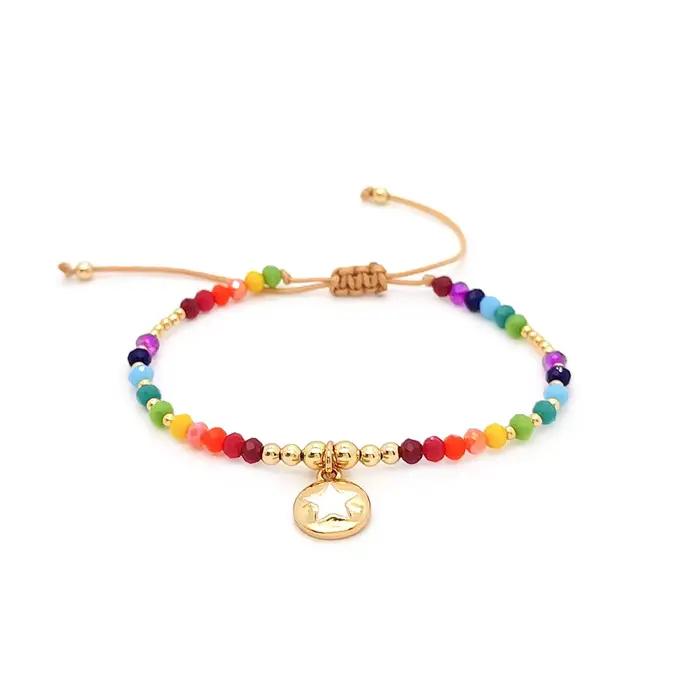 Bracelet en corde à main plaqué or 18 carats, breloque en forme de cœur, perles de cristal arc-en-ciel, Simple, Style européen et américain pour filles
