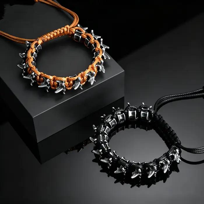Bracelet ajustable en corde tressée avec épines de dragon gothique en métal pour hommes, bijoux punk hip-hop