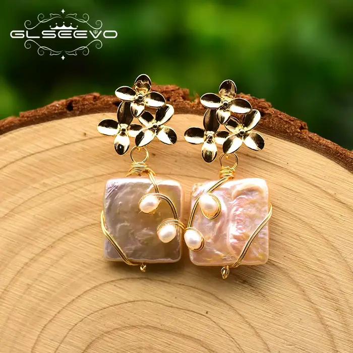 Boucles d'oreilles en perles carrées baroques naturelles, Design Original, fleurs faites à la main, bijoux fins pour femmes, GE0754